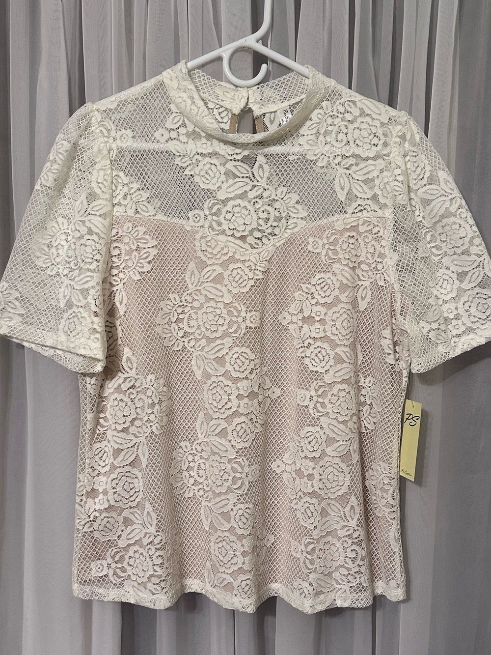 Perseption Concept Cream Lace Sweetheart Short-Sleeve Top Size XL